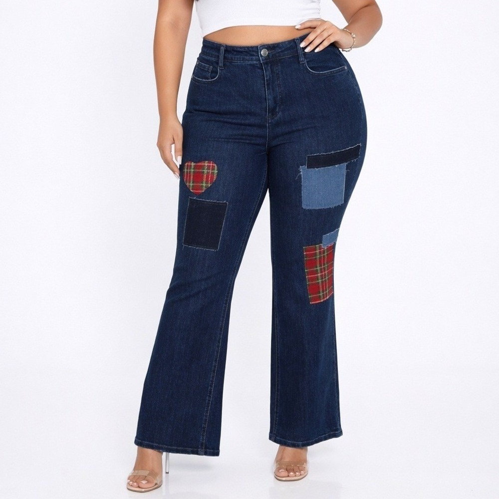 Studio Park‎ Patchwork Flare Dark Washed Jeans Women 18W Blue NWT